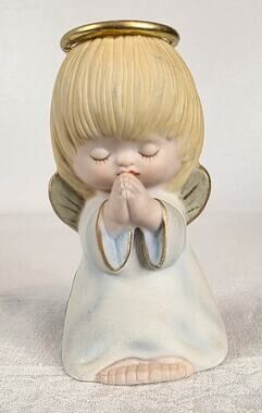 Vtg Praying Angel Figurine Bell Gold Halo 4" Tall Porcelain Shabby Chic Retro